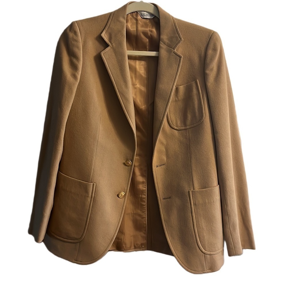 Women’s vintage tan wool blend blazer with gold anchor detail buttons size 10